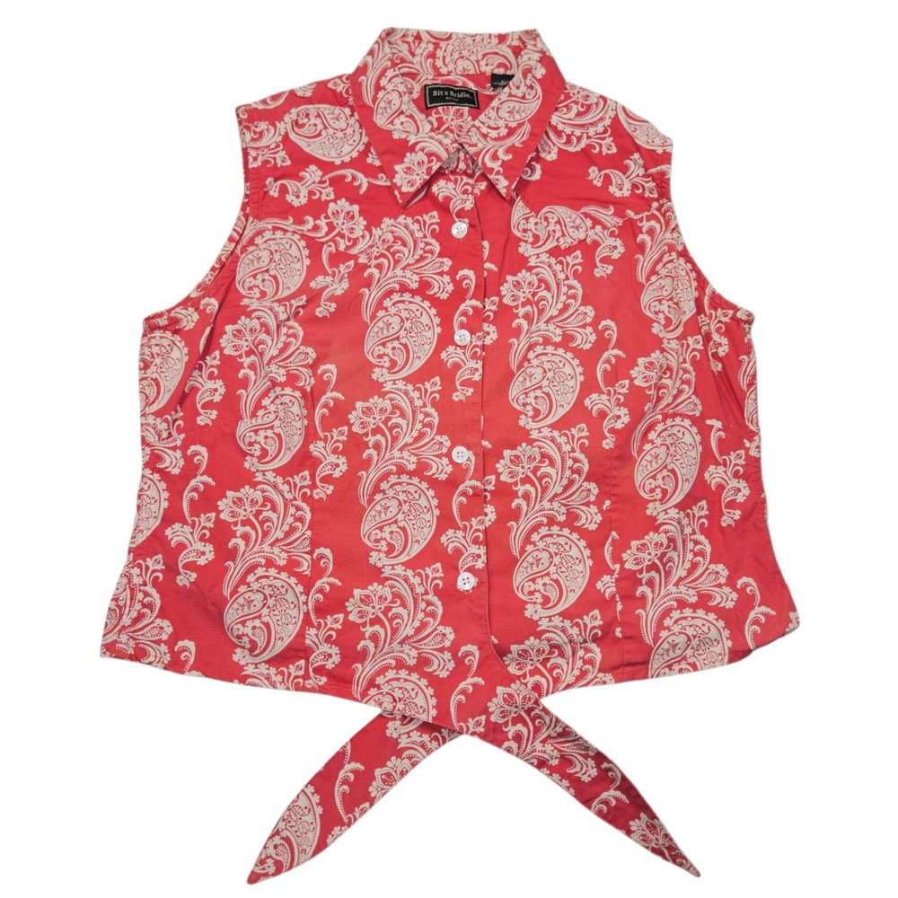 Bit & Bridle VTG Sleeveless Tie Front Button Down Paisley Red Sz L